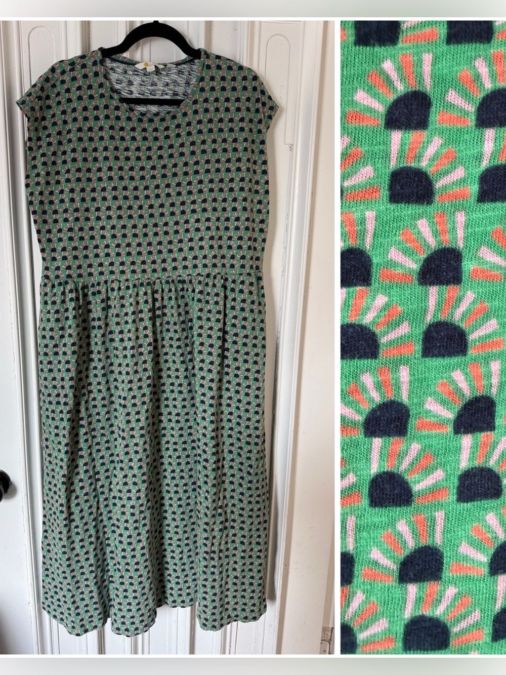 Boden Green Knit Dress with Navy & Coral Sunburst Print Women's size XL 16/18 - Picture 1 of 5